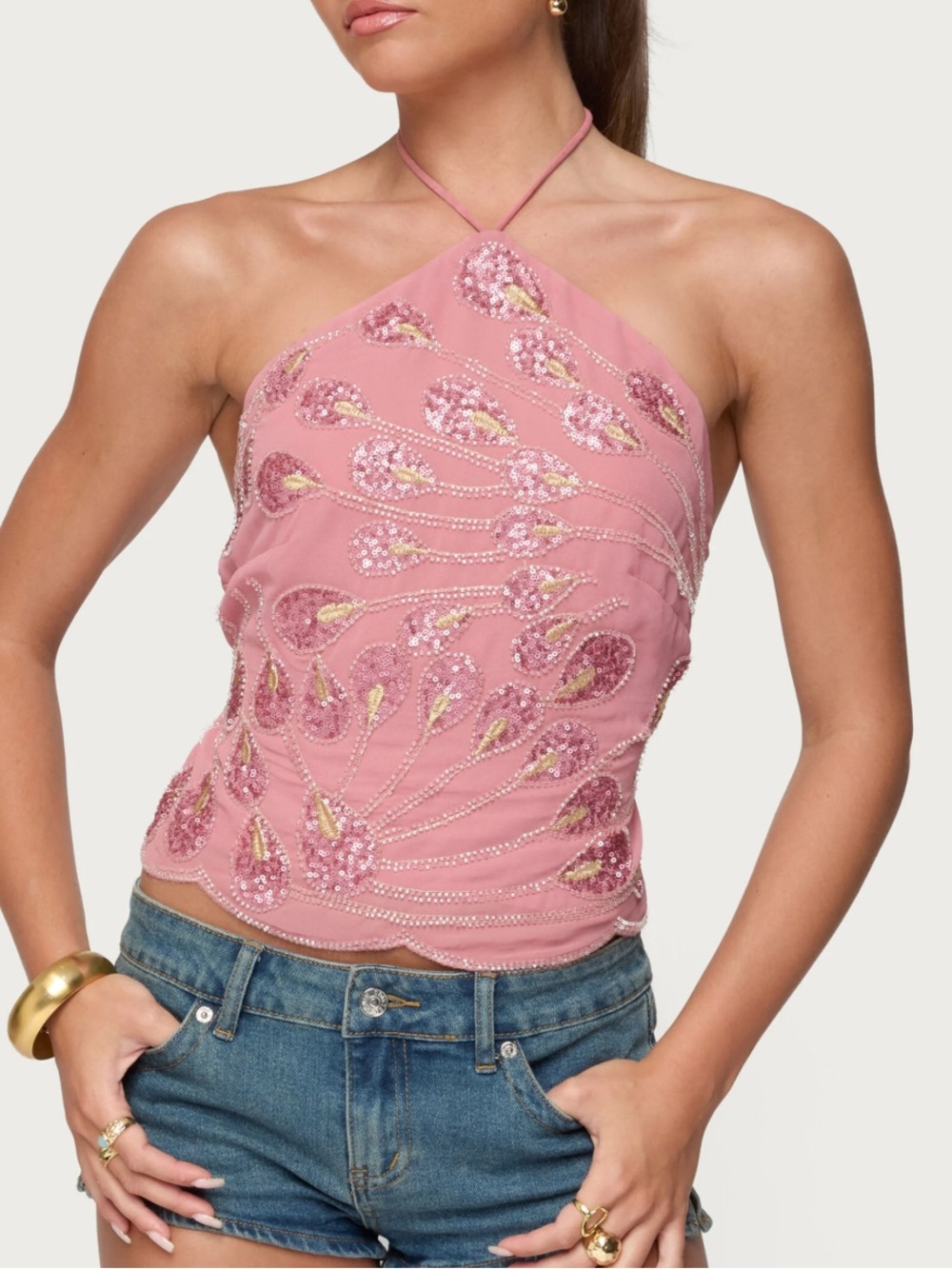Edikted Embroidered Bead & Sequin Halter Top Size S